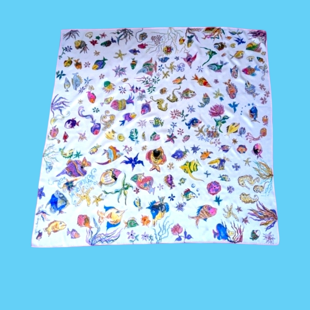 Hand painted signed silk/Satin scarf tropical fish one of a kind Original Spring - Picture 5 of 16